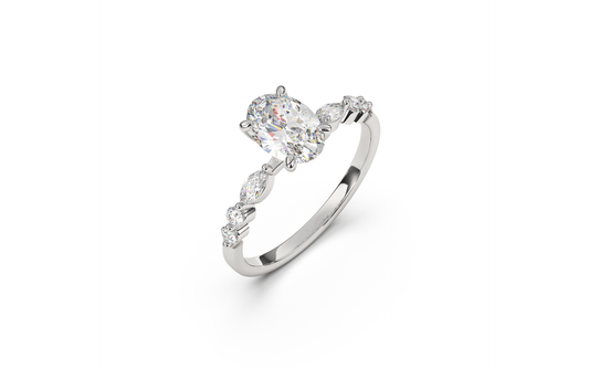 טבעת משובצת יהלום מרכזי אובל ואבני צד מרקיזות ועגולות