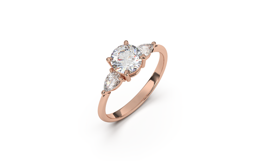 טבעת משובצת יהלום מרכזי עגול וזוג טיפות