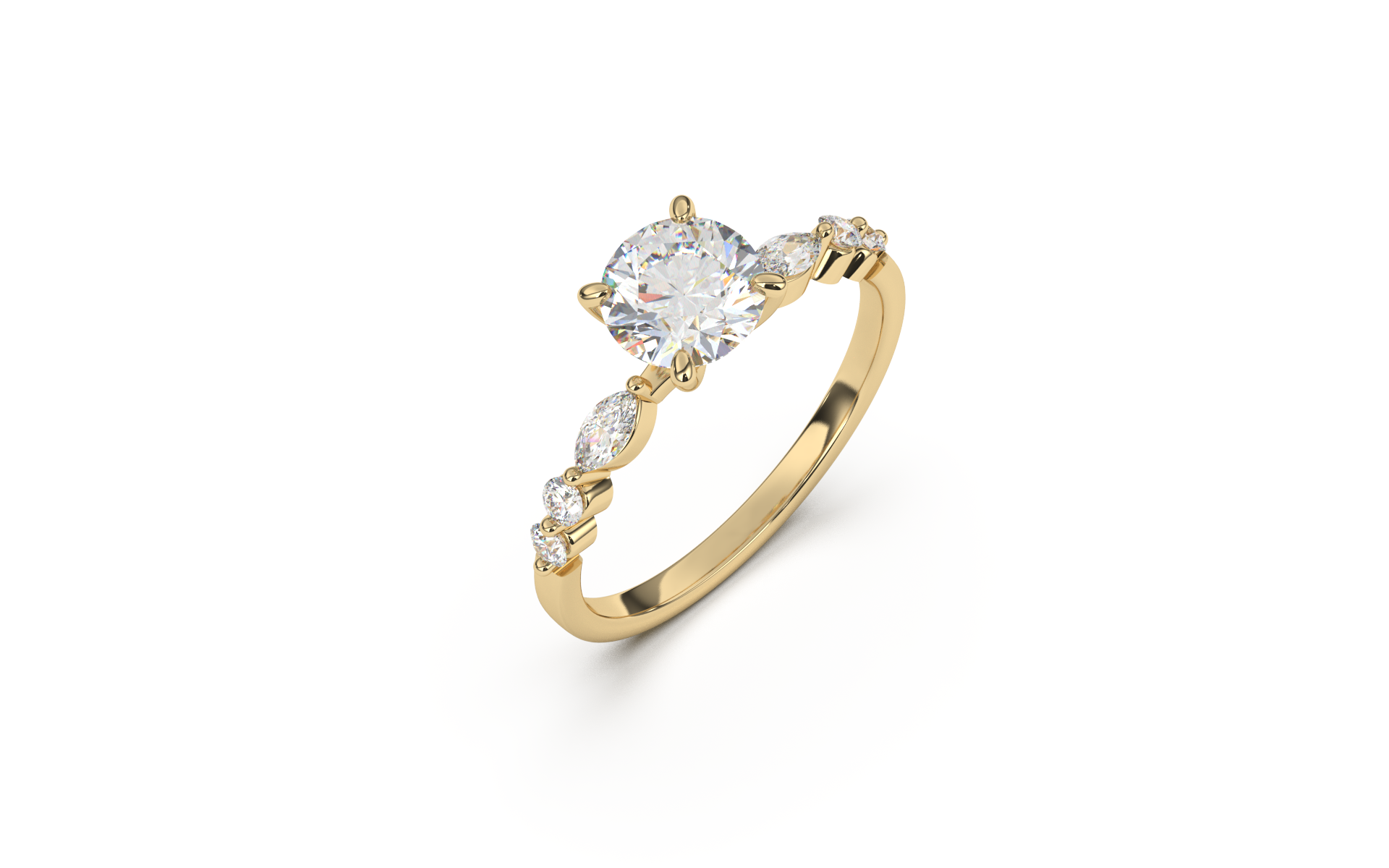 טבעת משובצת יהלום מרכזי עגול ואבני צד מרקיזות ועגולות