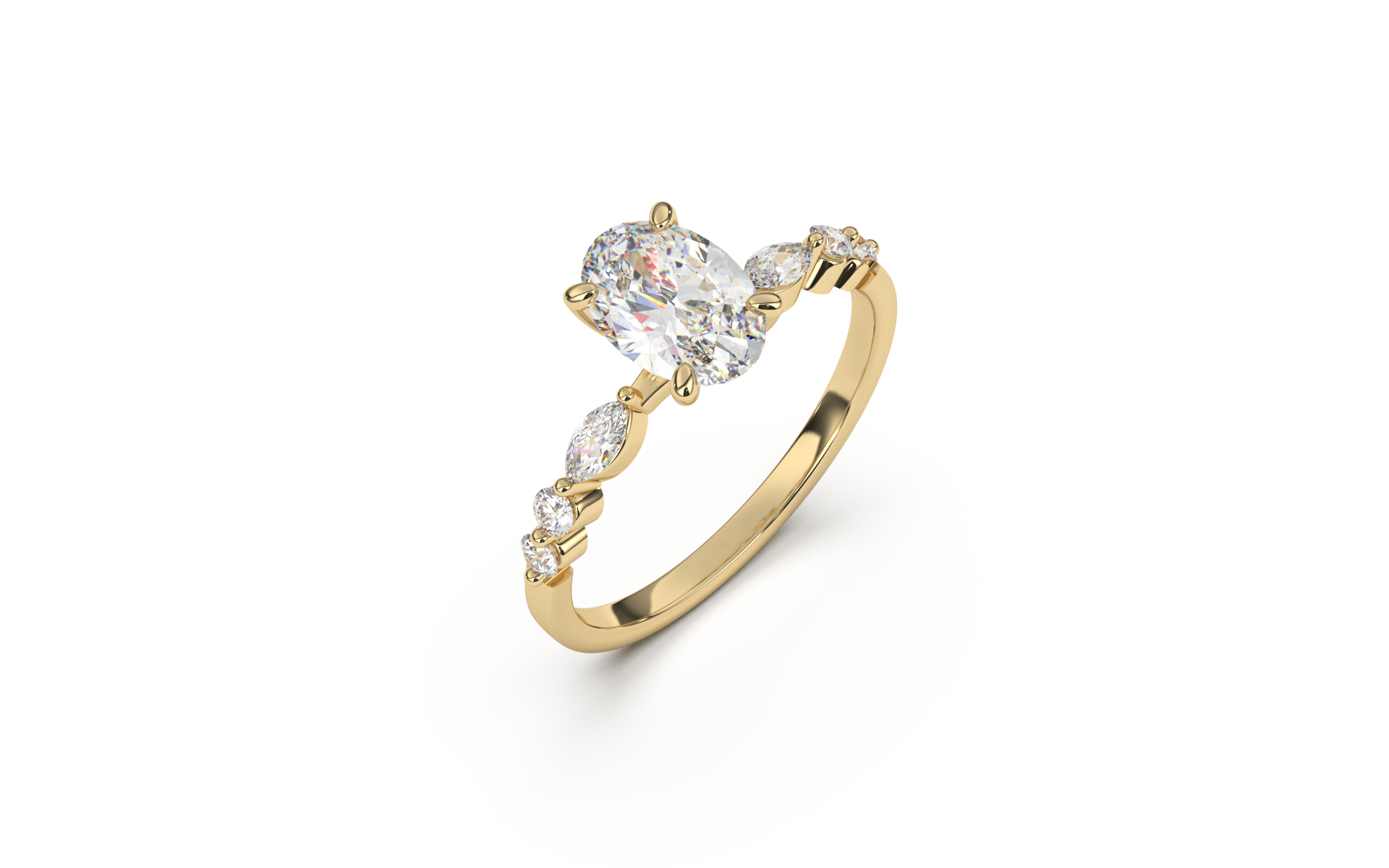 טבעת משובצת יהלום מרכזי אובל ואבני צד מרקיזות ועגולות