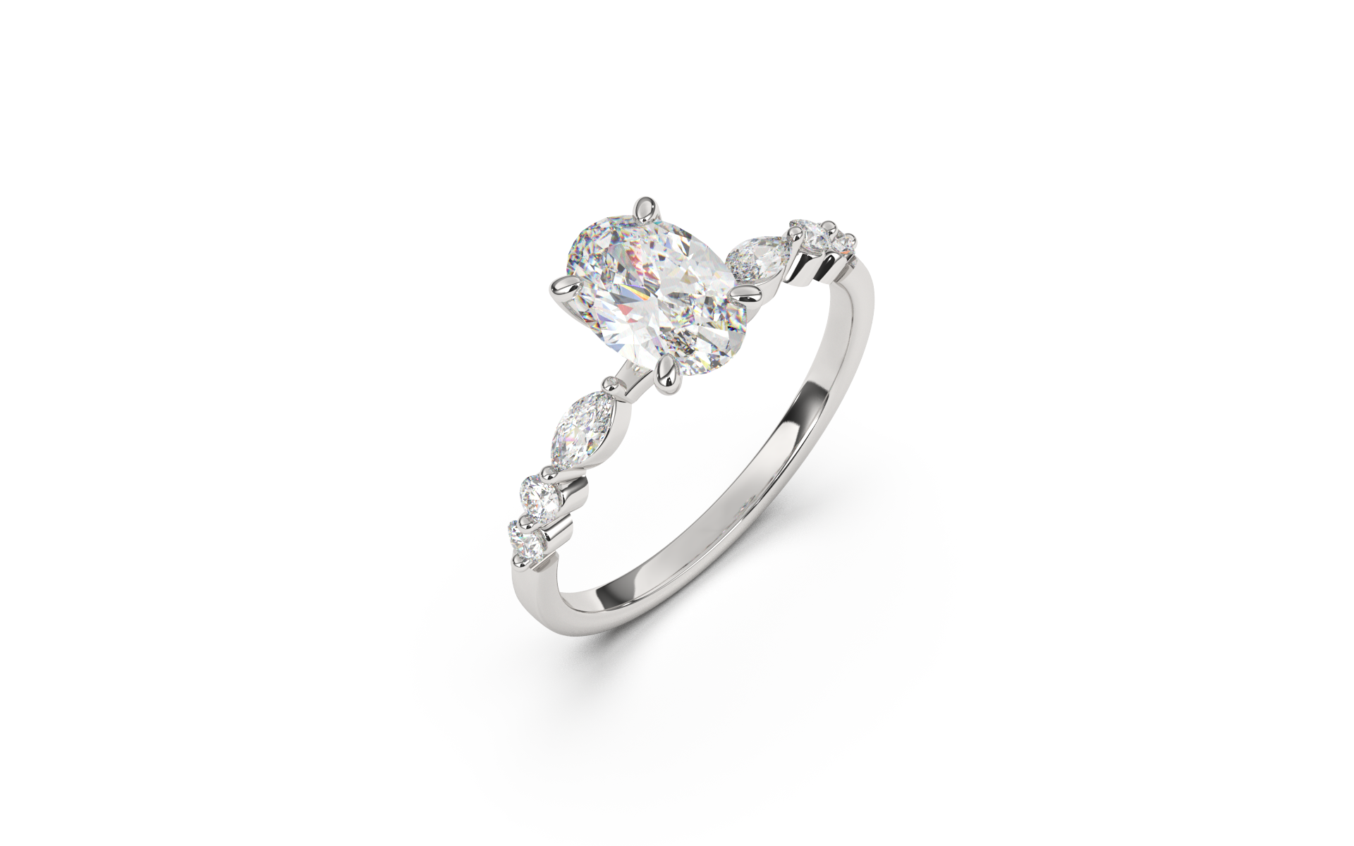 טבעת משובצת יהלום מרכזי אובל ואבני צד מרקיזות ועגולות