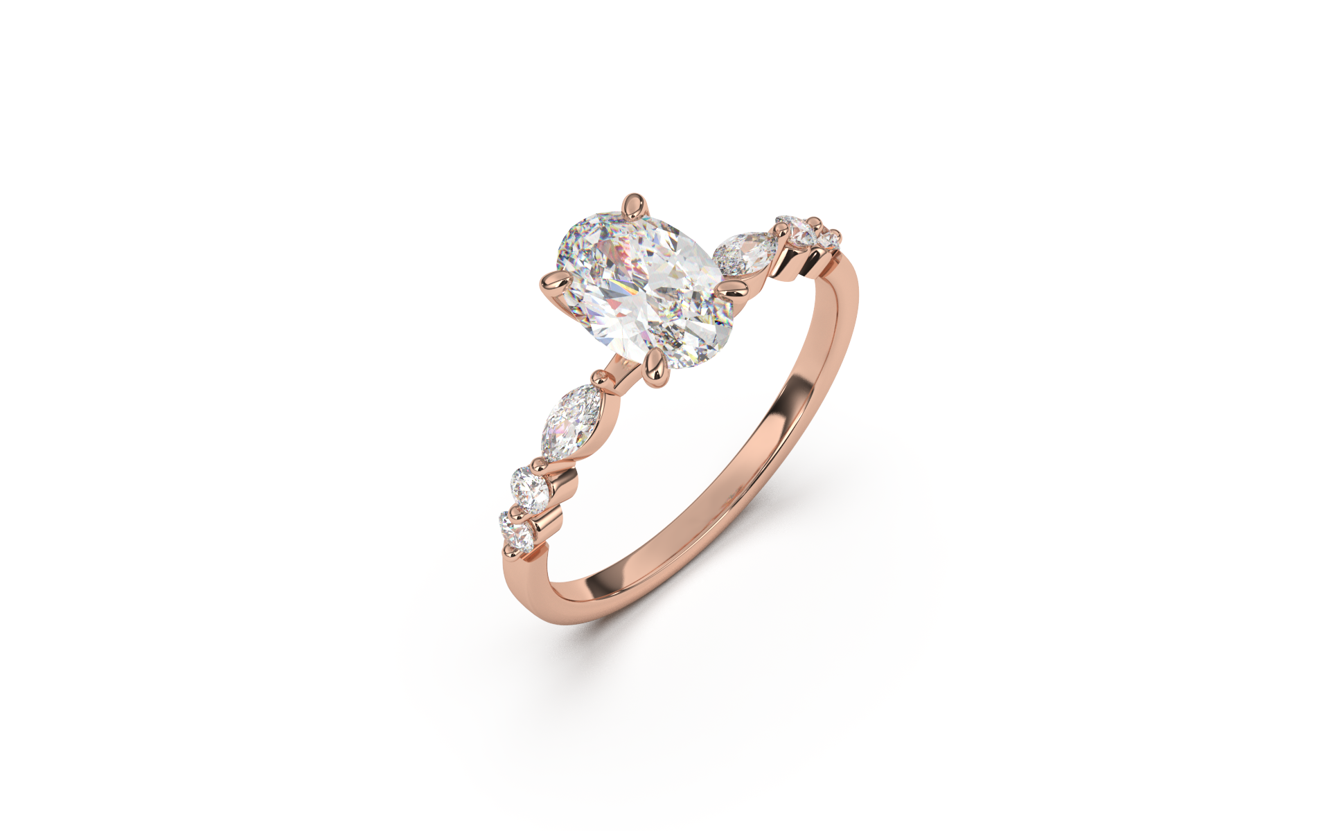 טבעת משובצת יהלום מרכזי אובל ואבני צד מרקיזות ועגולות