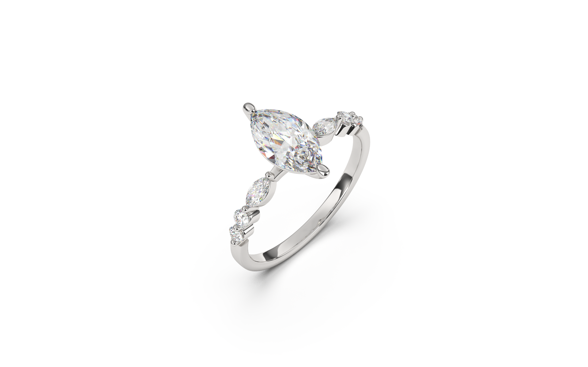 טבעת משובצת יהלום מרכזי מרקיזה ואבני צד מרקיזות ועגולות