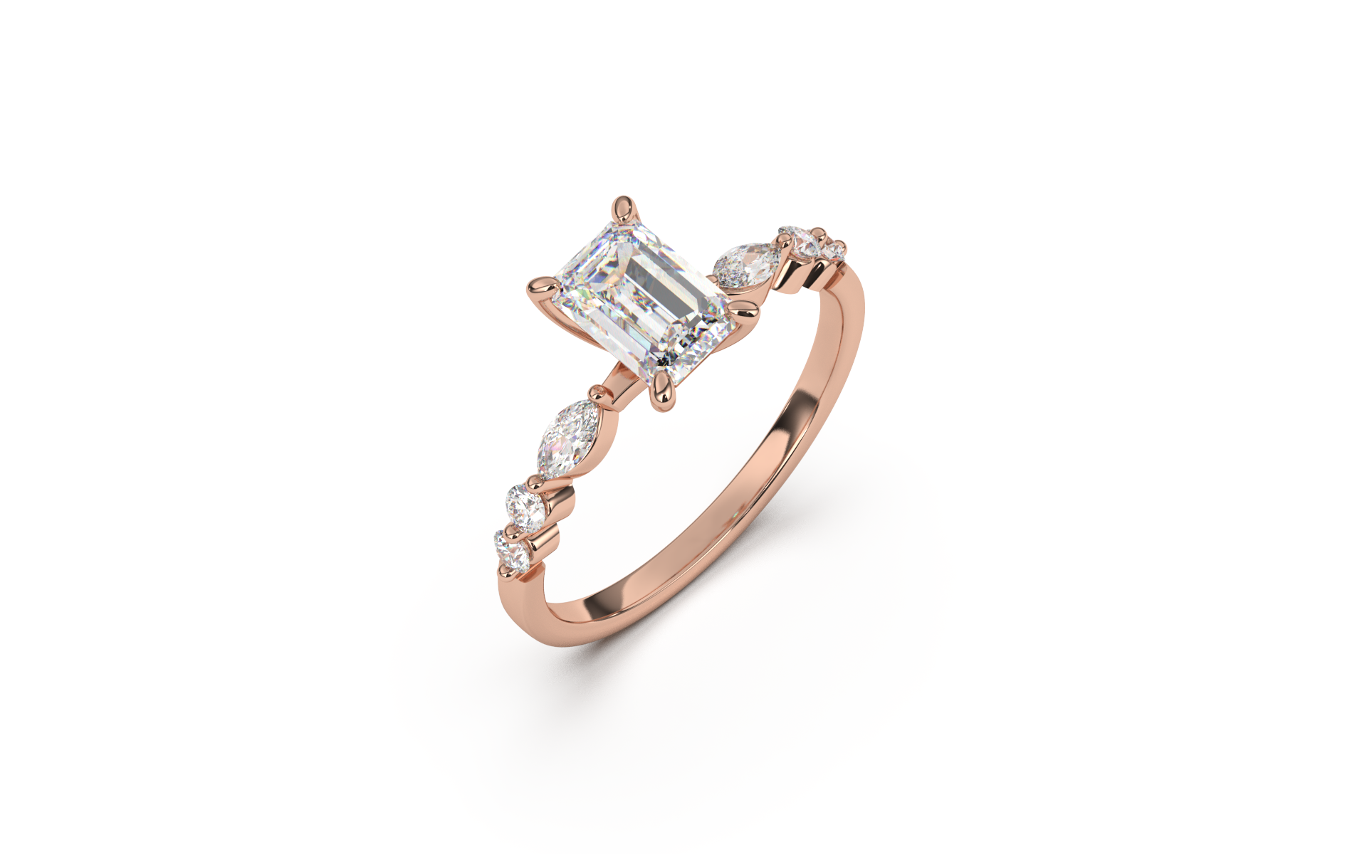 טבעת משובצת יהלום מרכזי אמרלד ואבני צד מרקיזות ועגולות