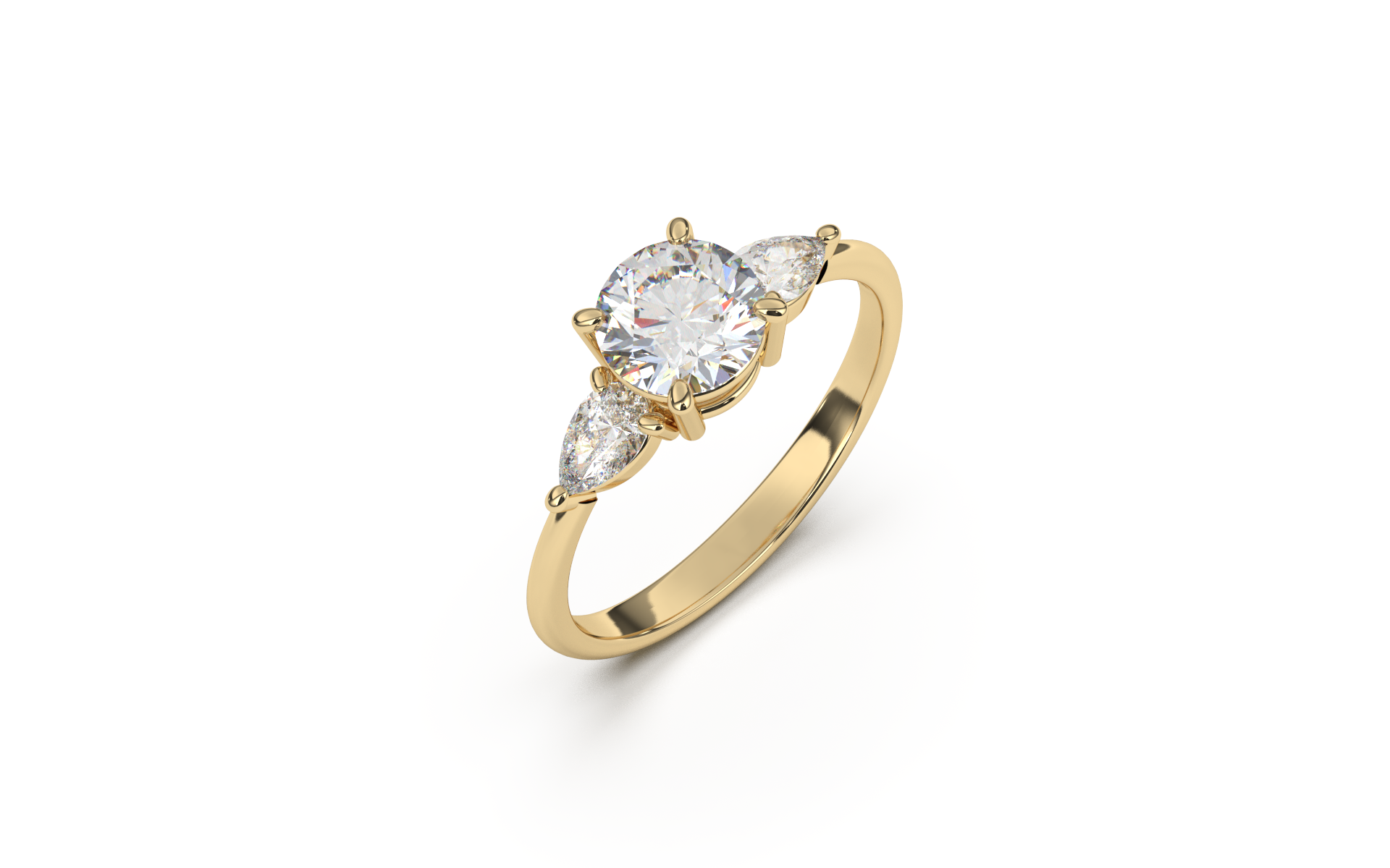 טבעת משובצת יהלום מרכזי עגול וזוג טיפות